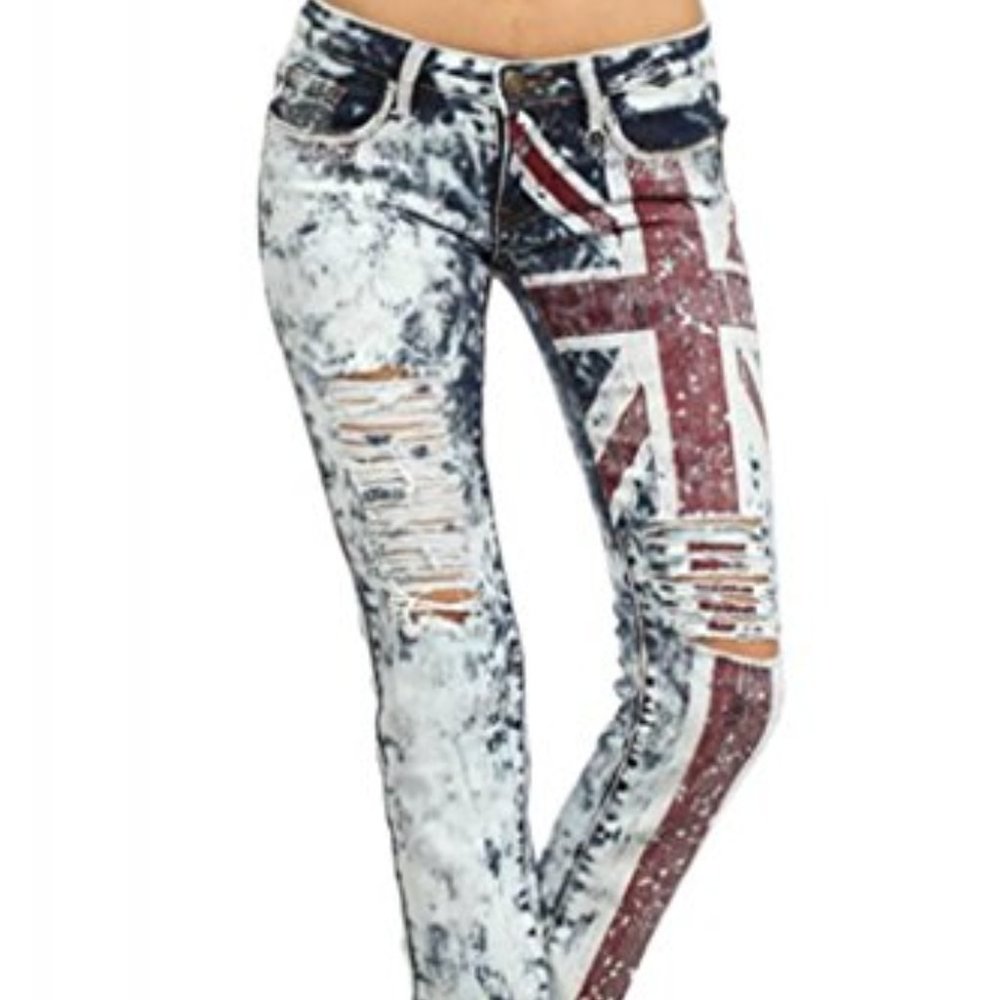 MACHINE JEANS Destroyed Distressed Acid Wash Skinny Je